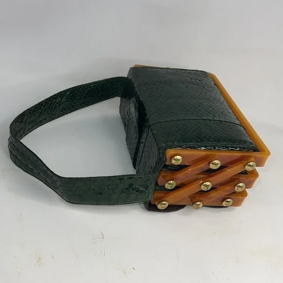 Emerald Green Snakeskin and Caramel Bakelite Geometric Tiered Handbag - Picture 5 of 16